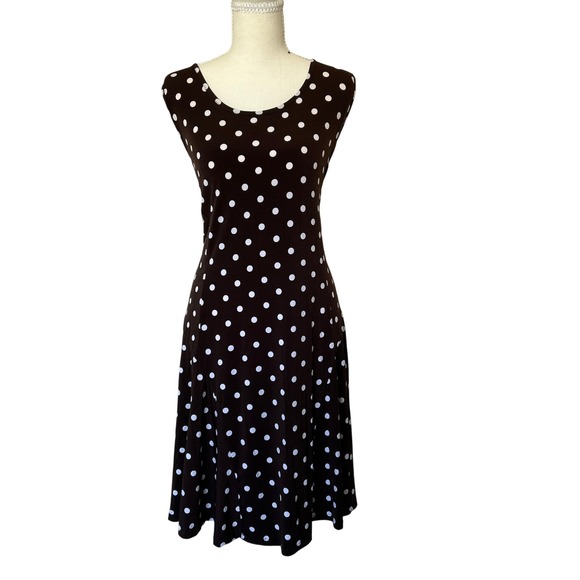 Susan Graver Dresses & Skirts - Susan Graver Womens Brown White Polka Dot Sleeveless Fit Flare Godet Dress XL